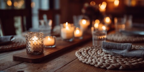Fototapeta premium Cozy dining room setup with wooden table and glowing candles