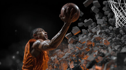 Basketball player orange jersey making dynamic layup with exploding bricks effect near hoop, showing intense action and focus