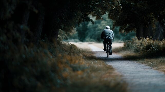 Elderly man riding bicycle on a peaceful nature trail - Powered by Adobe