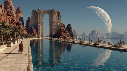 Naklejka premium A still photo of an ancient Egyptian alien planet with water and a large moon hanging in the sky 