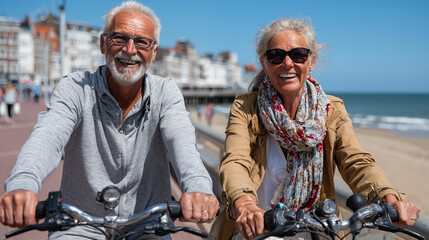 Portrait of happy senior couple riding bicycles along seaside promenade