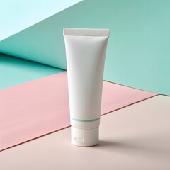Blank white cosmetic tube with a light blue band on a pastel pink and mint green background cream lotion
