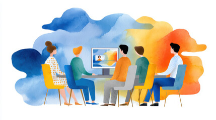 Online meeting with diverse people sitting around table watching computer screen with colorful watercolor background