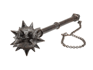A detailed look at a historical mace, the weapon showcases a ball-shaped head covered in spikes, its menacing form set against a timeless backdrop
