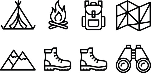 Fototapeta premium Camping Gear Outline Icons Tent, Fire, Backpack, Map, Mountains, Boots, Binoculars