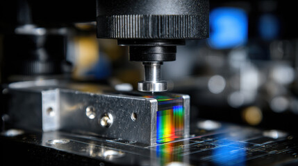 Prism optical instrument laboratory equipment metal close up reflection science technology precision experiment glass light