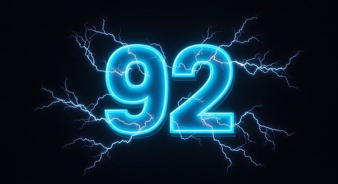 Electric Blue Number Ninety Two with Lightning Bolts on Dark Background