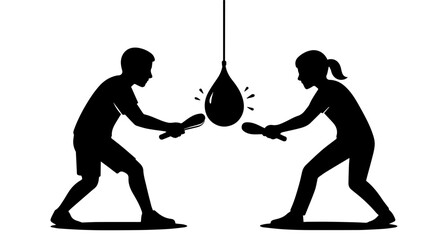 A black-and-white silhouette of a man and a woman in a competition to hit a hanging balloon with a tool, symbolizing fun, games, and traditional contests. © blimbink