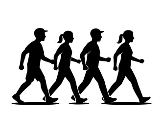 A black-and-white silhouette illustration of a group of four people walking together in a line, representing exercise, team walking, and a healthy lifestyle.