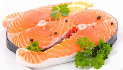 Fresh salmon steaks with lemon, pepper, and parsley, ready for gourmet cooking