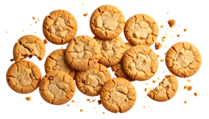 Delicious chocolate chip cookies breaking apart with crumbs scattered isolated on transparent background