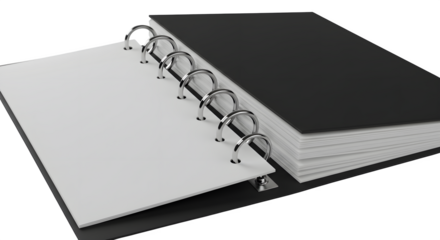 Black and white journal mockup features ring binder with soft lighting for a modern background, branding, or presentation template.