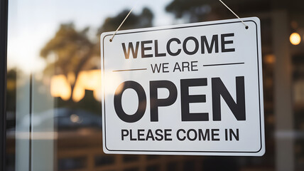 Fototapeta premium A welcome we are open sign hanging on a glass door inviting customers to come in and shop at the business