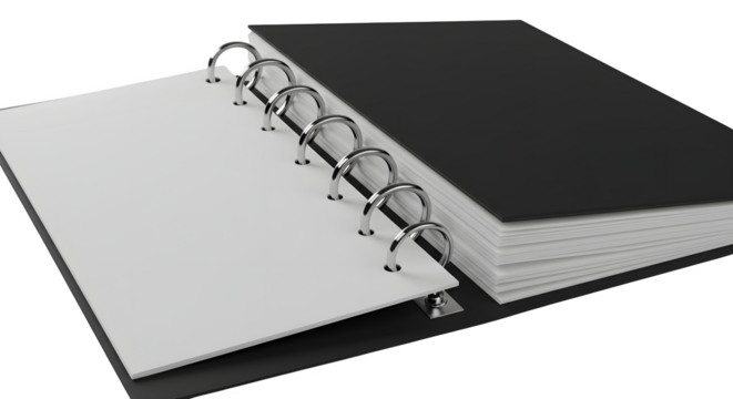 Black and white journal mockup features ring binder with soft lighting for a modern background, branding, or presentation template.