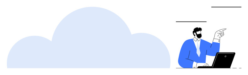 Man in blue suit working on a laptop, pointing and interacting with cloud element. Ideal for technology, cloud computing, collaboration, remote work, innovation, data sharing IT strategy. Clean