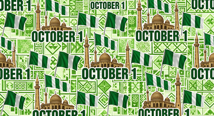 Celebrate Nigeria's Independence Day with this vibrant patriotic pattern featuring national flags, landmarks, and October 1st greetings on a festive green backdrop