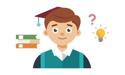 Download A College Student Thinking With An Intrigued Face, Cartoon Style, Vector Illustration Eps File For Design.