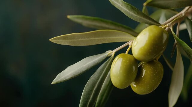 The fresh olives on a green tree branch, emphasizing the vibrant color and texture of this healthy fruit.
