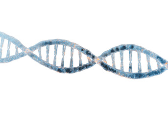 Pristine, luminous, crystal-like DNA double helix, digitally enhanced, against a clean abstract futuristic background with sci-fi blues and warm accents, concept of scientific advancement