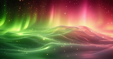 Obraz premium Abstract landscape. Vibrant green, pink hues blend. Flowing waves, sparkling stars create ethereal scene. Dramatic lighting, dark background.