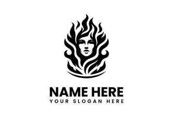 Stylized Womans Face with Flowing Hair Resembling Flames in Black Silhouette 1.