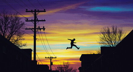 Silhouette of a Man Jumping Between Buildings at Sunset with Vibrant Sky and Electrical Infrastructure Creating a Sense of Urban Freedom