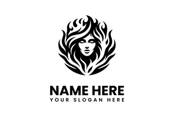 Stylized Womans Face with Flowing Hair and Flamelike Accents in Black.