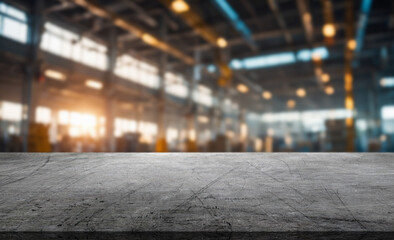 Industrial workspace with concrete countertop and blurred background showing warehouse activity at sunset