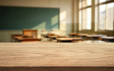 Empty classroom with wooden desk and chalkboard in the background showcasing sunlight and educational environment