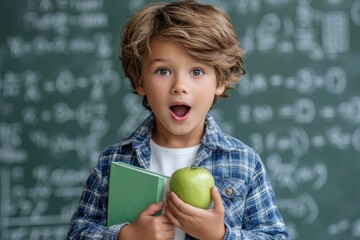 A young boy wearing a blue and white school uniform, holding books with an apple on top of them in front of a green chalkboard background filled with many drawn math equations