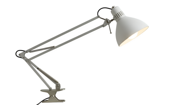 White architect desk lamp stands out against black; direct lighting highlights its metallic style. Ideal for showcasing product designs or creating posters.
