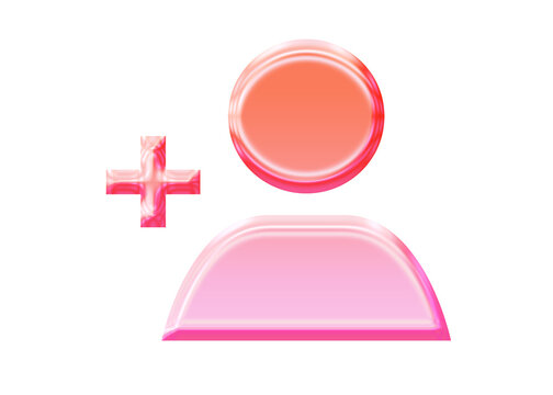 Glossy 3D add user icon with a vibrant glassmorphism effect - Y2K inspired jelly new contact symbol in pink