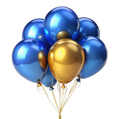 3d blue and gold balloons cluster isolated on transparent background