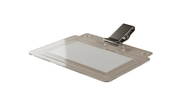 Clear name tag badge reflects light. Use it for product mockups, branding, conference posters, presentations, or website assets.