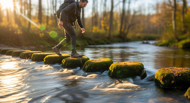 Autumnal River Crossing: Hiker on Stepping Stones
