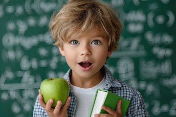 A young boy wearing a blue and white school uniform, holding books with an apple on top of them in front of a green chalkboard background filled with many drawn math equations
