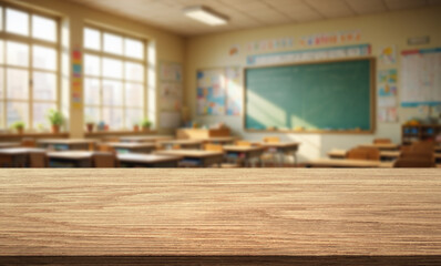 Bright and inviting classroom environment with wooden desk and sunlight filtering through windows