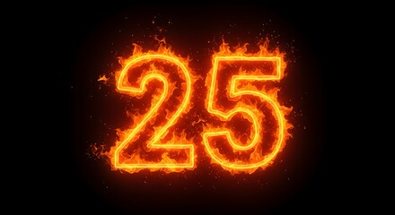 Fiery Number Twenty Five Burning Bright with Flames and Sparks on Black Background