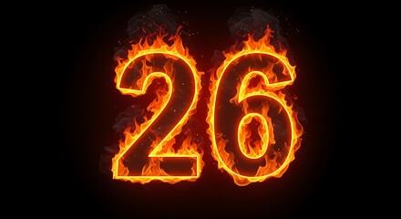 Number Twenty Six Burning Fire Flames on Dark Background