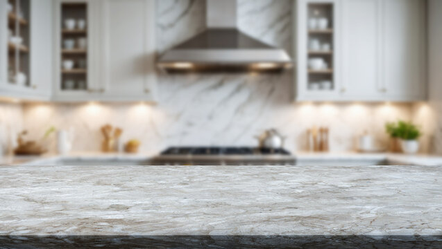 Elegant marble kitchen counter with modern appliances and warm lighting in a stylish home setting
