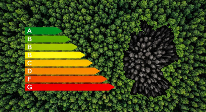 An aerial view shows a dense forest with a silhouette of Germany filled with dark trees To the left a colorful energy efficiency rating scale from A to G is displayed