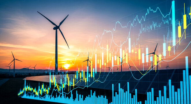 Renewable energy growth and financial markets intertwined with wind turbines and solar panels at sunset