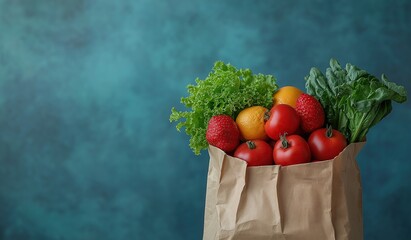 Fresh vegetables and fruits in brown kraft paper grocery bag on blue background with copy space, healthy organic produce shopping concept for market or supermarket display