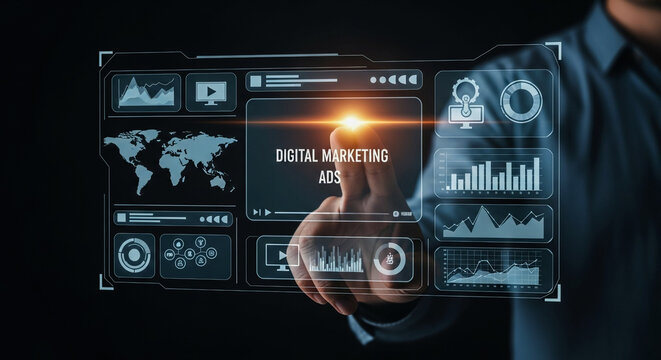 A person's hand touches a glowing point on a transparent digital screen showcasing various charts graphs world maps and icons representing advanced technology and data analysis