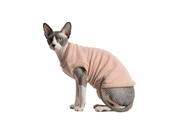 Adorable hairless cat wearing a cozy pink sweater, looking curious with striking blue eyes, perfect for pet lifestyle content.