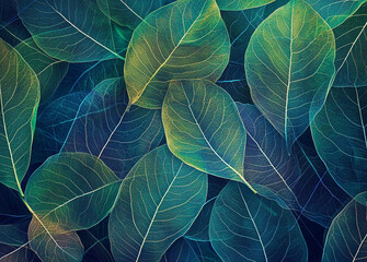 A detailed close-up of translucent leaves, with their intricate veins glowing with vibrant green, yellow, and blue light. The image highlights nature's delicate patterns.
