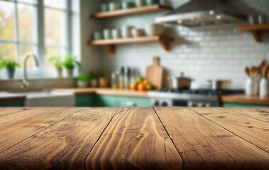 Rustic wooden table in cozy kitchen with sunlight streaming through the window in the early morning