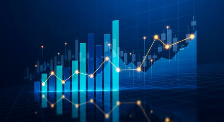 A vibrant blue bar chart displays increasing financial data overlaid with a glowing yellow line graph showing a positive upward trend symbolizing economic progress and investment success