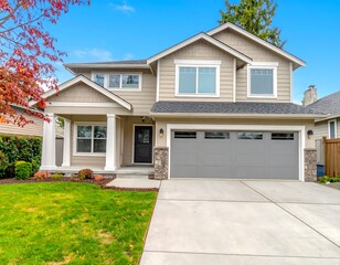 A classic two-story suburban home with tan siding and a grey roof, featuring a two-car garage and a walkway leading to the front door.