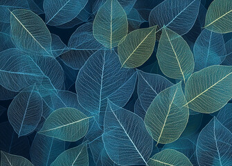 A detailed close-up of translucent leaves, with their intricate veins glowing with vibrant green, yellow, and blue light. The image highlights nature's delicate patterns.
